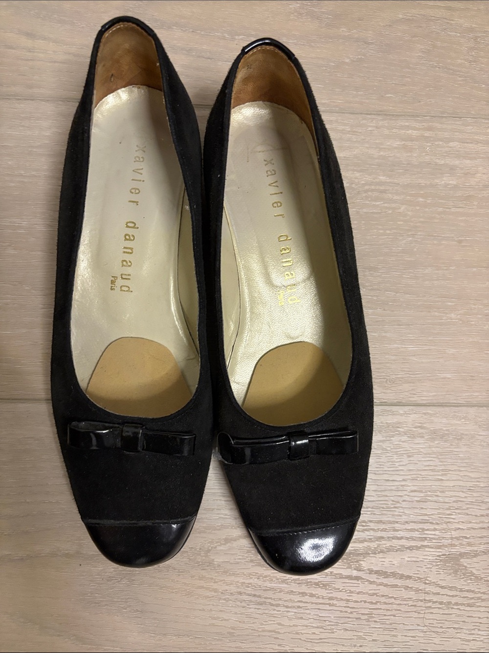 Black Suede Flats with Patent Cap Toe and Bow